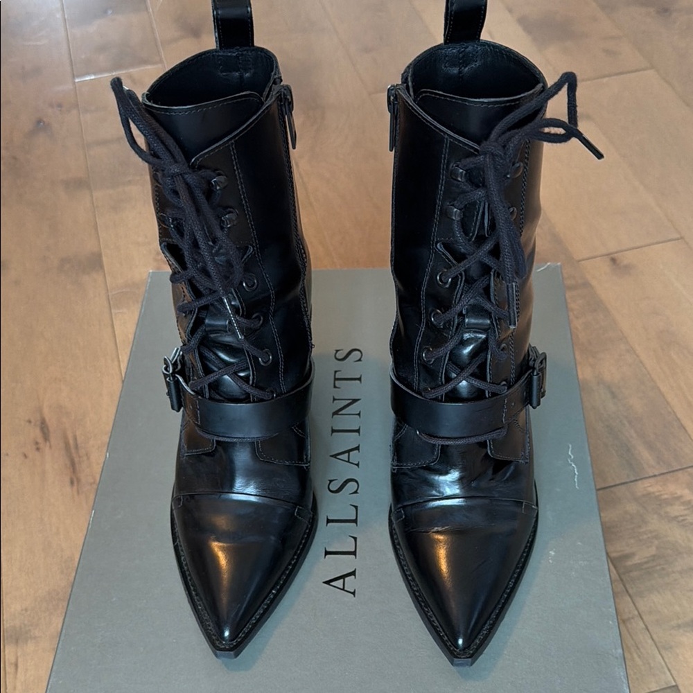 ALL SAINTS Bianca Leather Boots - Black Lace-Up Pointed Toe Combat Boots